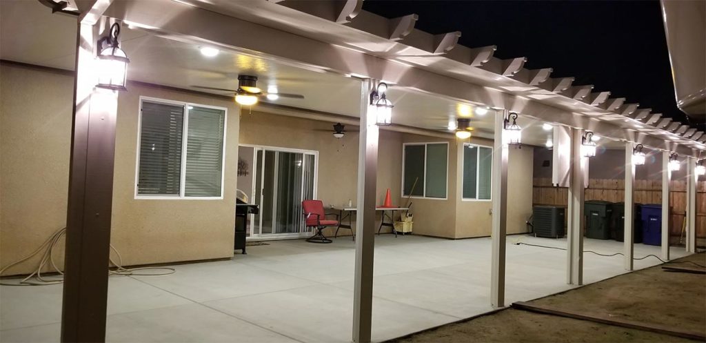 Insulated covered custom patio with fans and lights in Clovis Ca